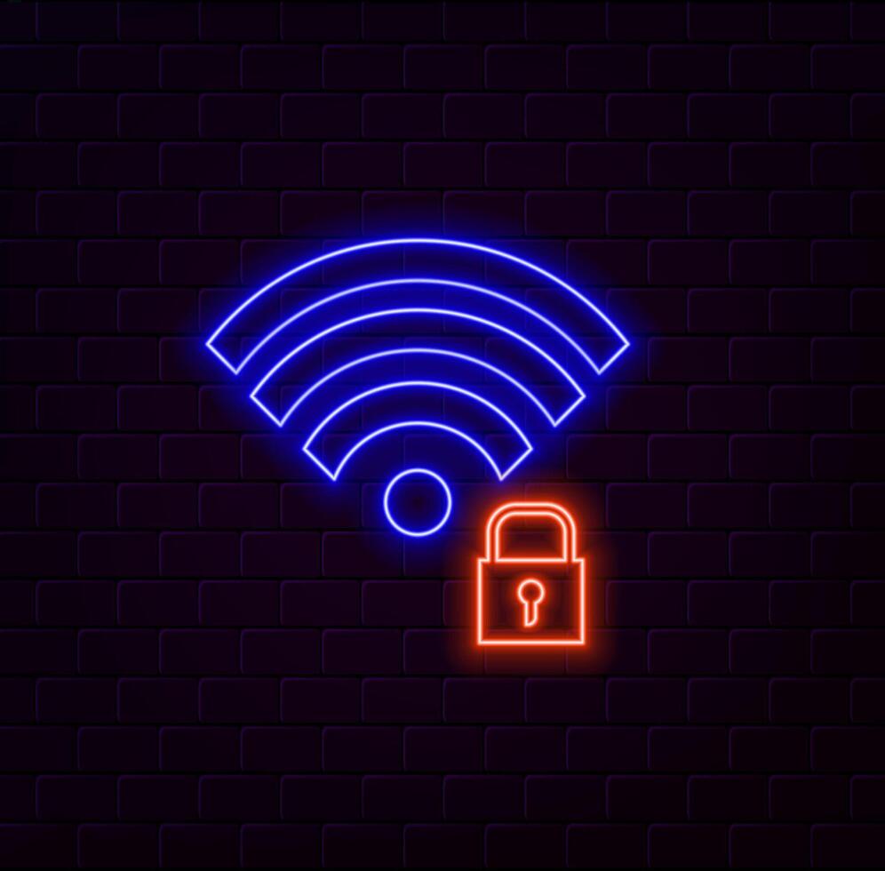 Locked color WiFi signal icon isolated on color backgrounds. Wifi password symbol. Wireless network icon. Wi-Fi zone. illustration. neon style. vector