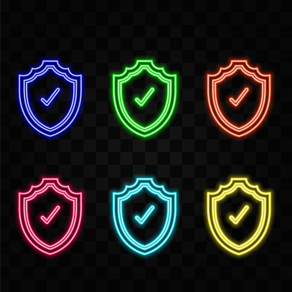 Glowing neon line shield in hand icon isolated on black background. Concept of insurance. Guard sign. Safety, security, safety, privacy concept. Colorful outline concept. vector