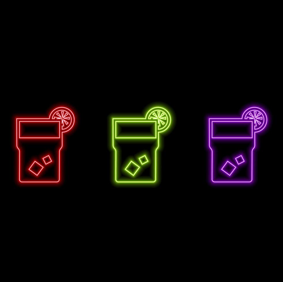 Neon cocktail in circle frame on dark brick wall background. Glow gas advertising with alcohol shake cup. vector