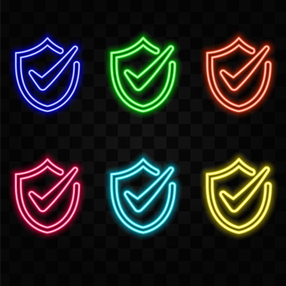 Checkmark. Glowing neon icon on brick wall background. neon style. vector