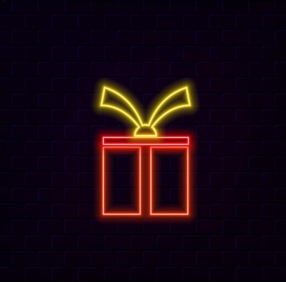 Glowing neon line Gift box icon isolated on black background. Merry Christmas and Happy New Year. Vecto vector