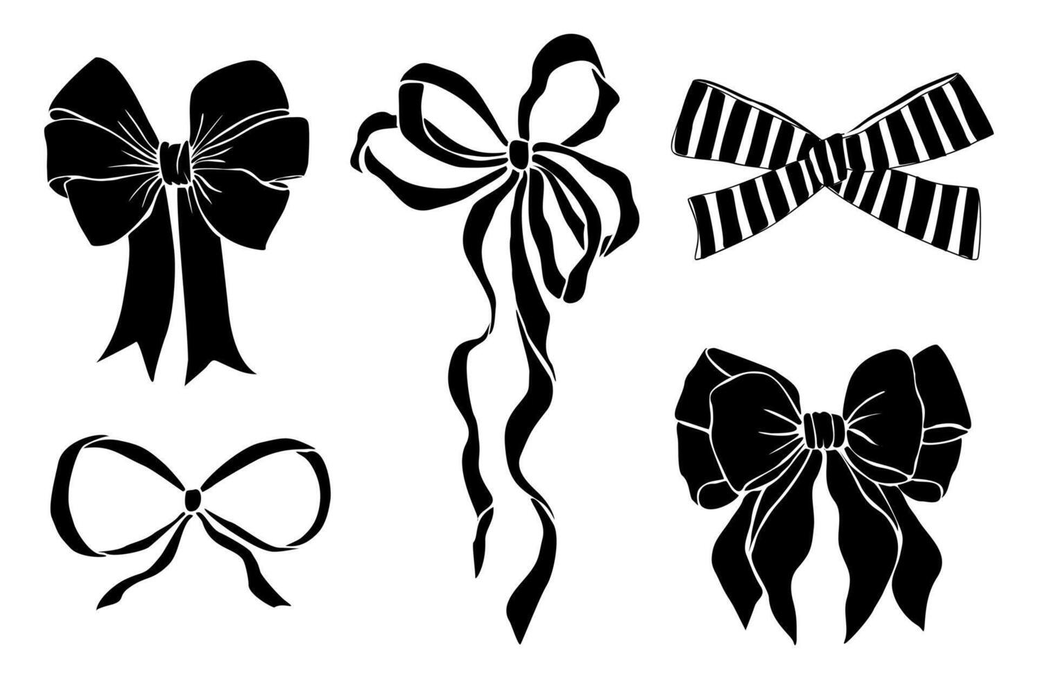 Black Monochrome decorative ribbon bow silhouettes set. Holiday sign collection. Ribbon symbol, accessory logo, symbol, icons vector