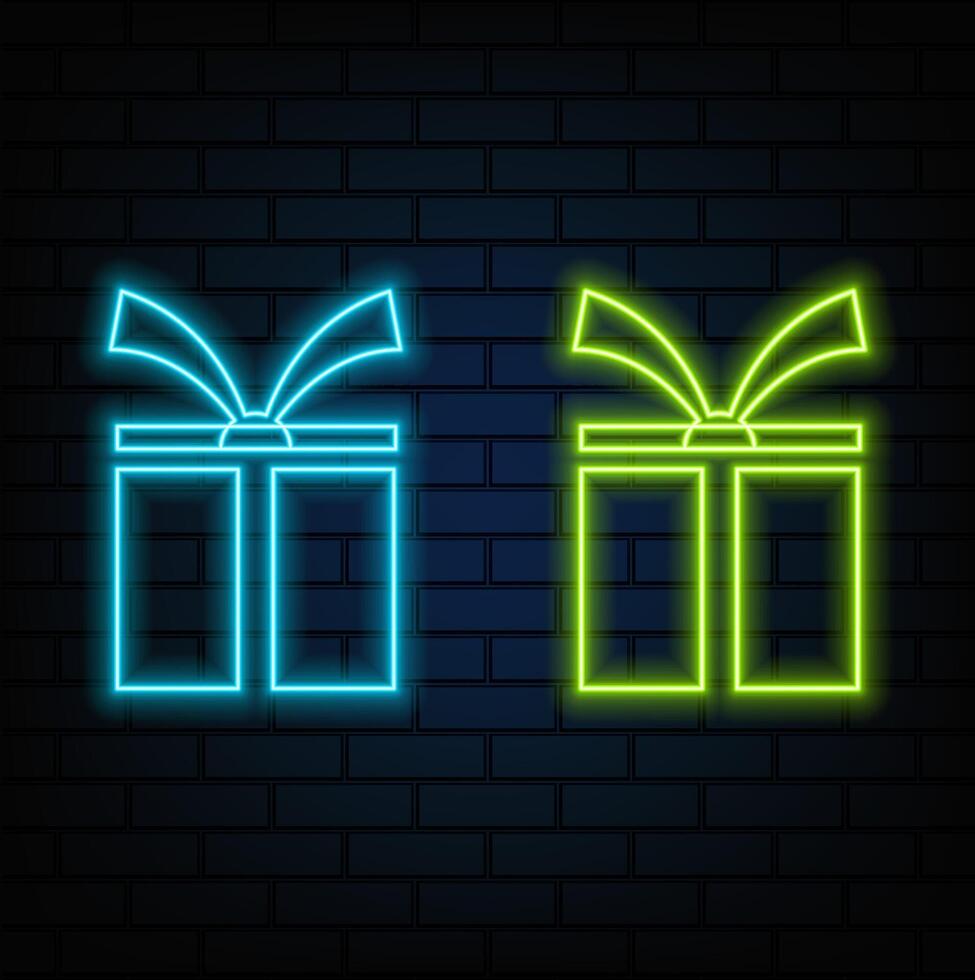 Neon Christmas gift box on a brick wall background vector