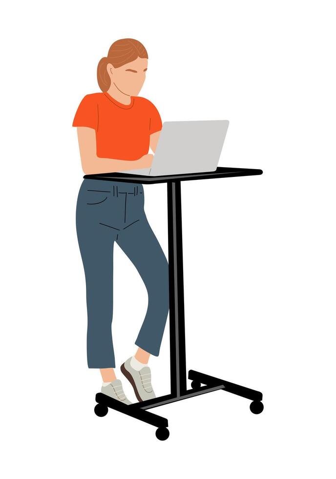 Young business woman working at contemporary workspace with ergonomic furniture, laptop computer. vector