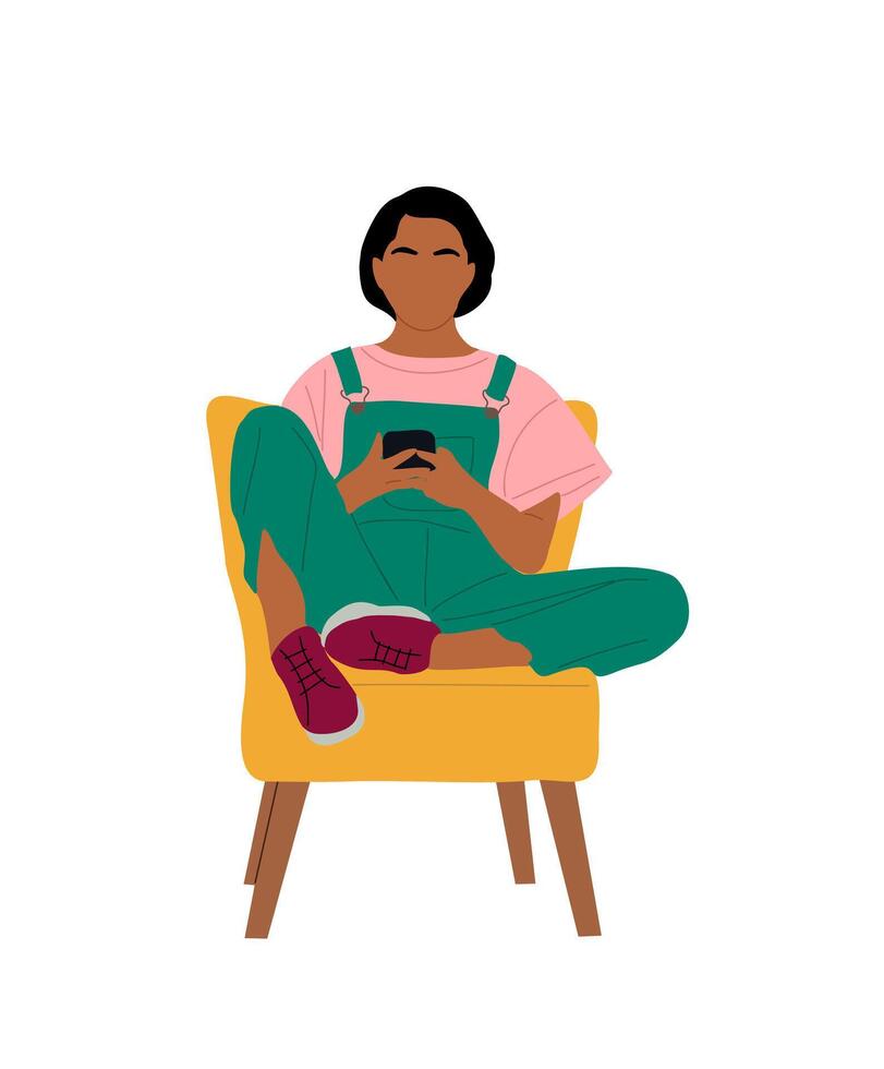 Girl sitting in armchair, using gadget isolated. vector