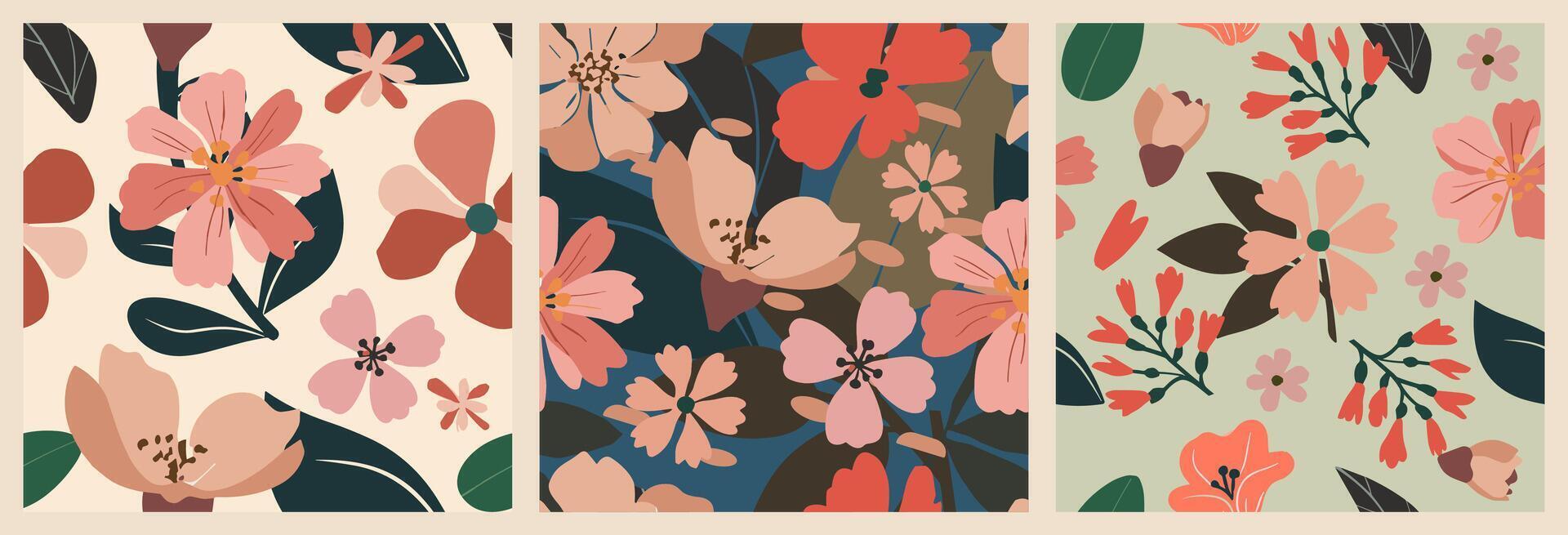 Set of cherry blossom flowers seamless patterns. vector