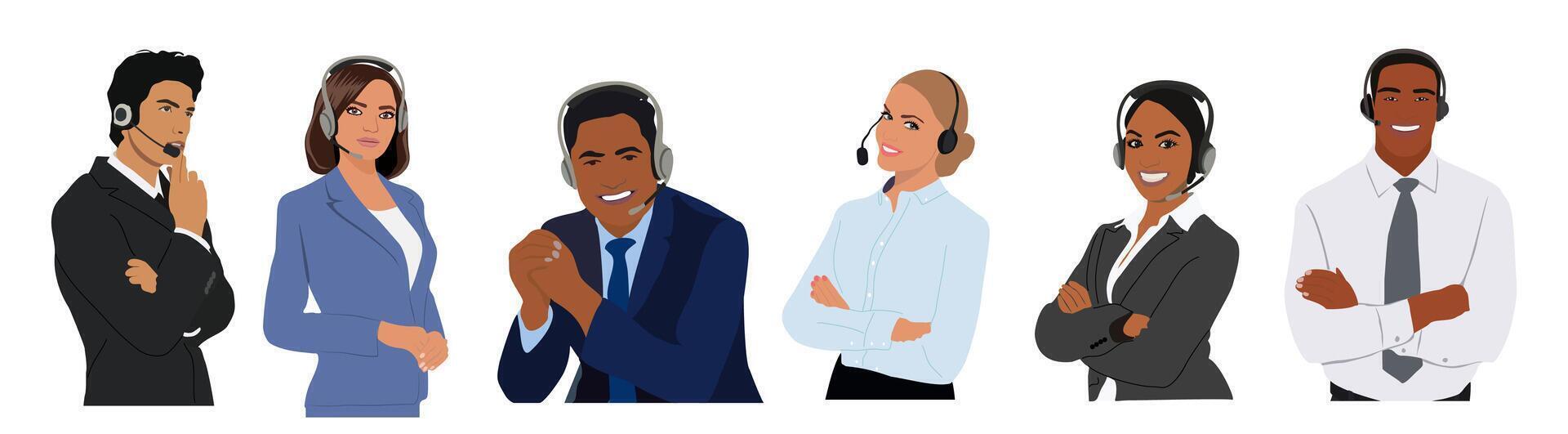 Call center, customer service staff with headsets. vector