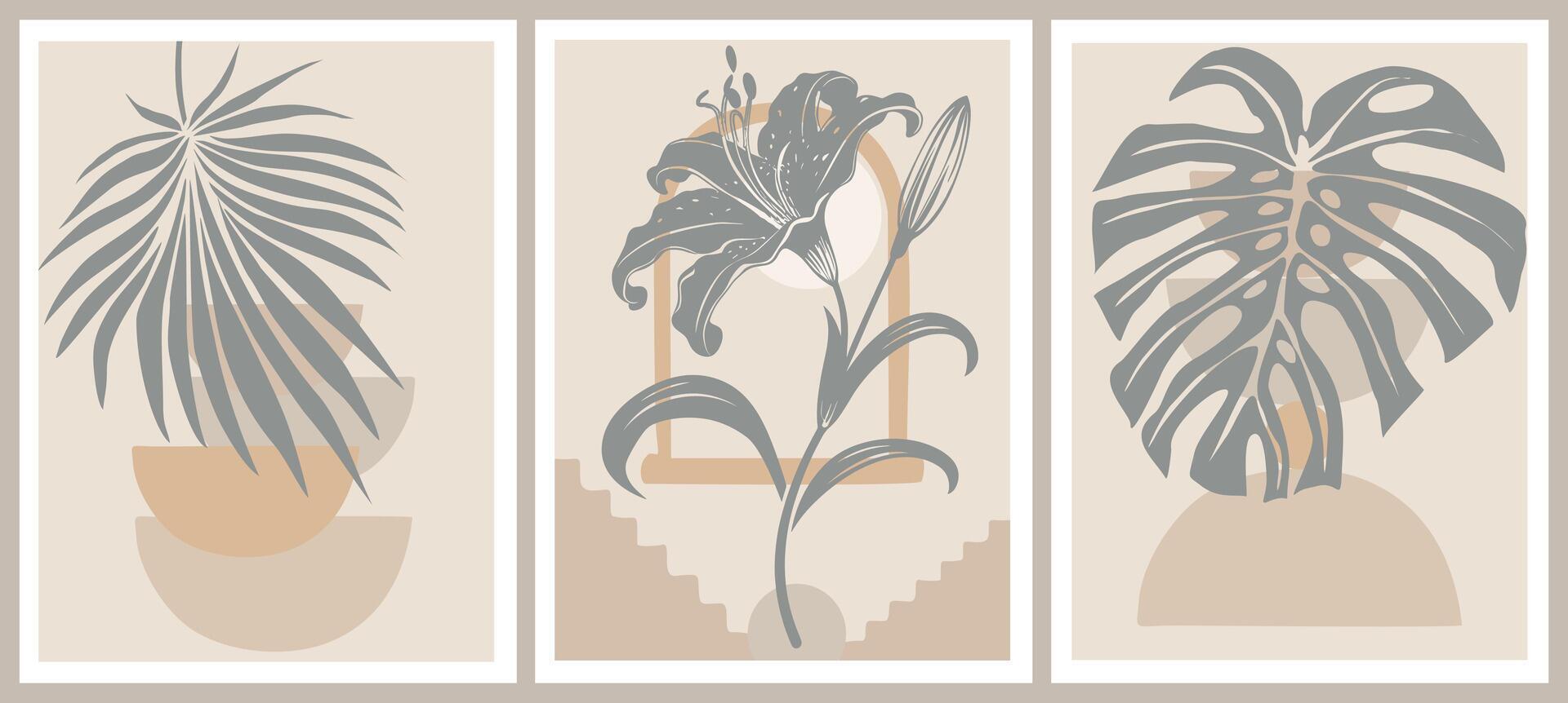 Set of Boho aesthetic abstract botanical wall arts vector