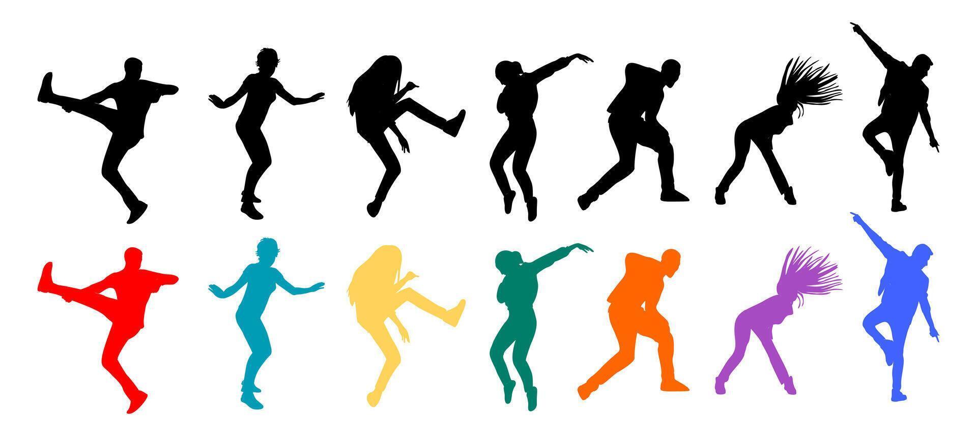 Dancing people silhouettes black and colorful set. vector
