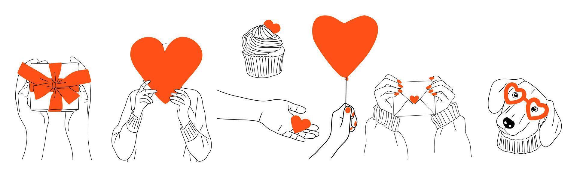 Valentines day clipart with hands holding heart, balloons, envelopment, dog in heart shaped glasses. Black and red design elements for cards, poster vector