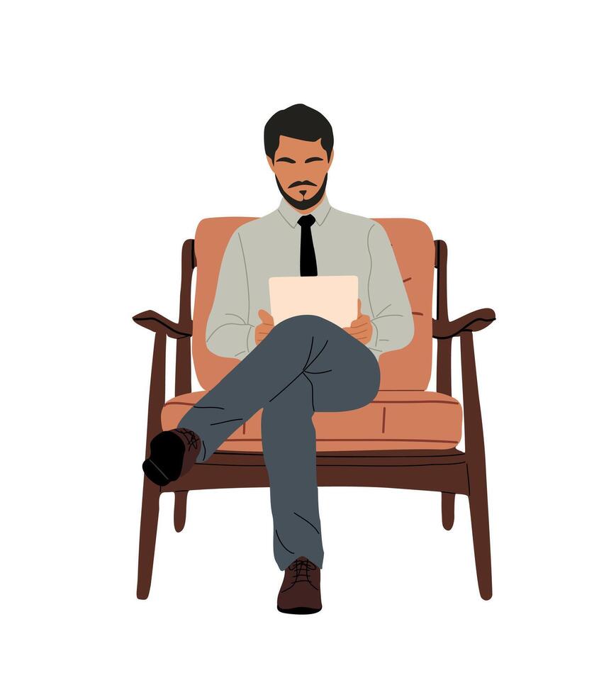 Business man sitting in armchair with tablet. vector