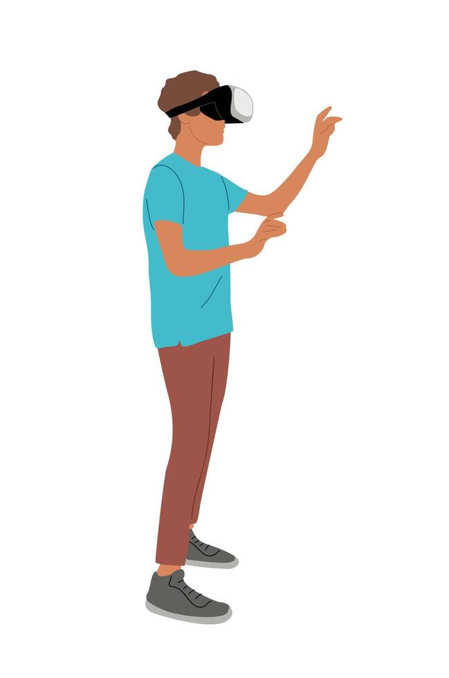 Young man in virtual reality headset isolated. vector