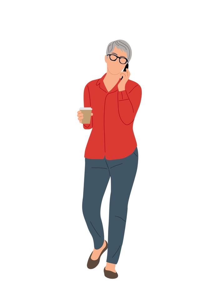 Senior business woman walking, using mobile phone. vector