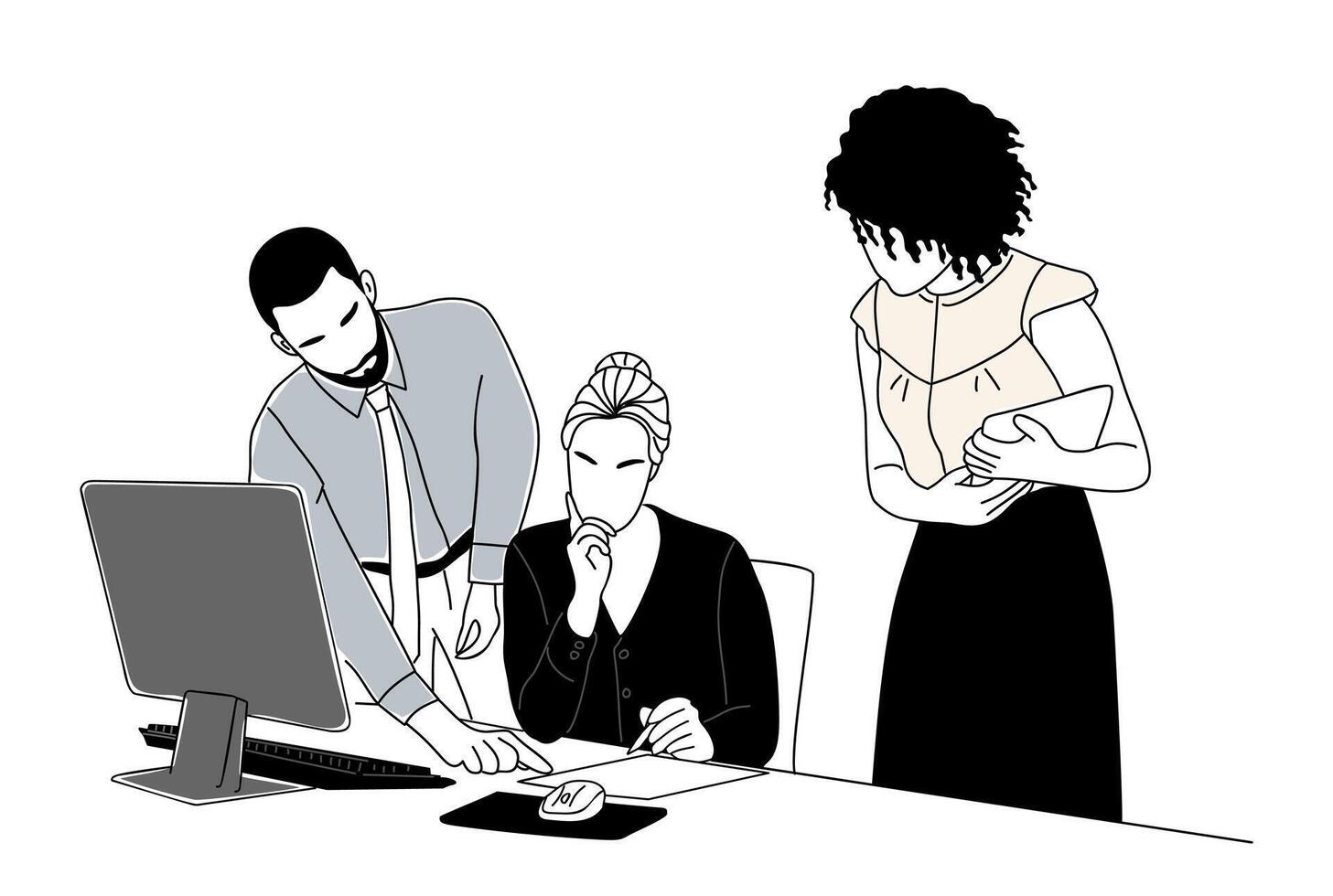 Business people sitting at desk with computer monitor in office. Productive teamwork business concept vector