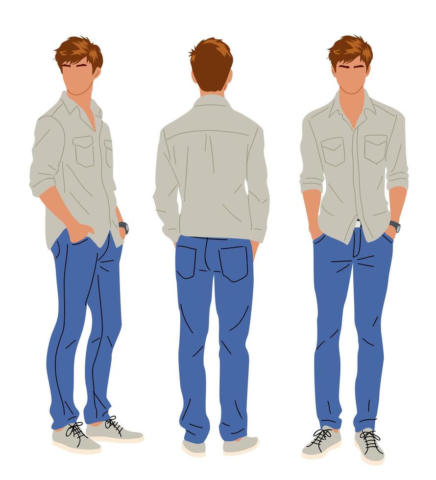 Young man in casual clothes standing full length front, rear, side view. vector