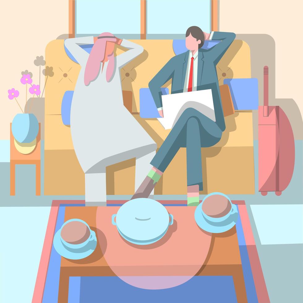 Relaxing Meeting Between a Business Traveler and a Local Professional in a Hotel Lounge vector