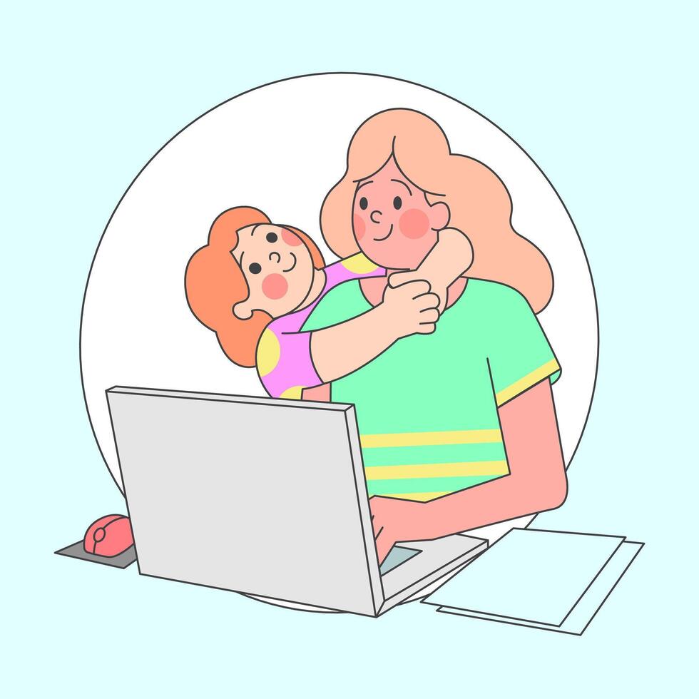 Working Mother Balancing Remote Work and Childcare at Home vector