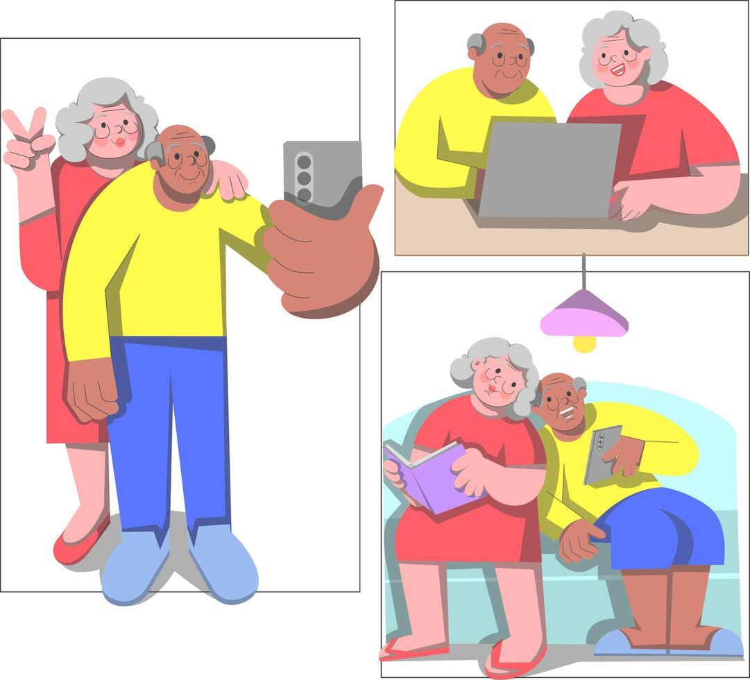 Elderly Couple Embracing Technology and Togetherness vector