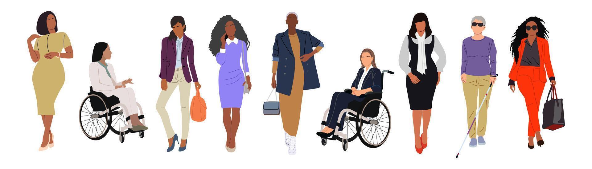 Set of Diverse standing cartoon business women. vector