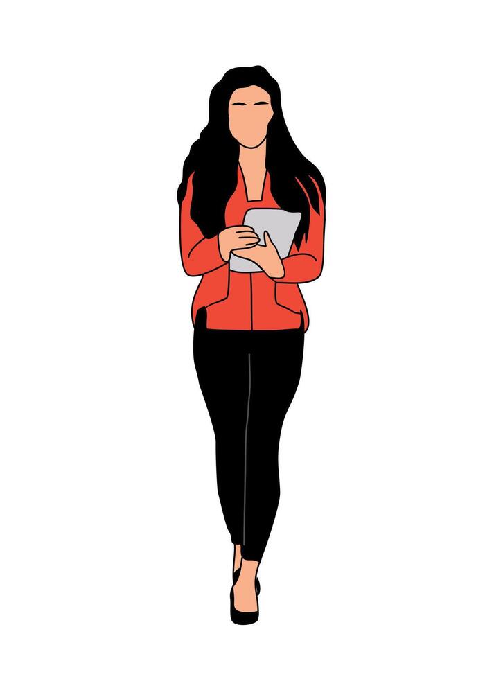 Business woman standing working on digital tablet. vector