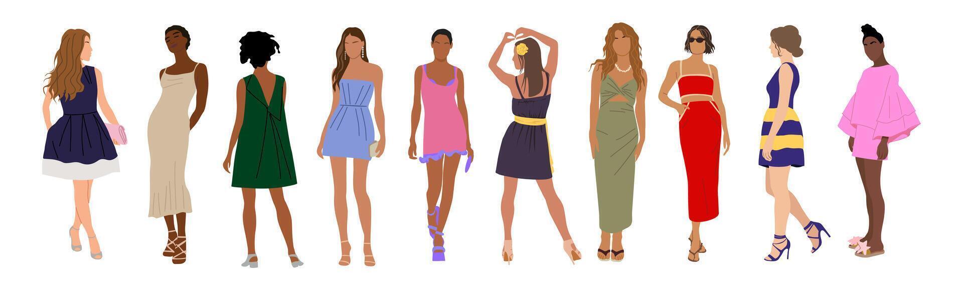 Set of fashionable women in summer dress. vector