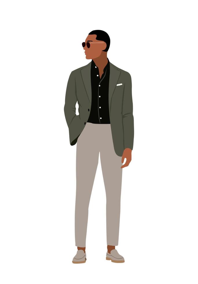 Black business man character standing. Handsome african american businessman in formal suit, smart casual office outfit. vector