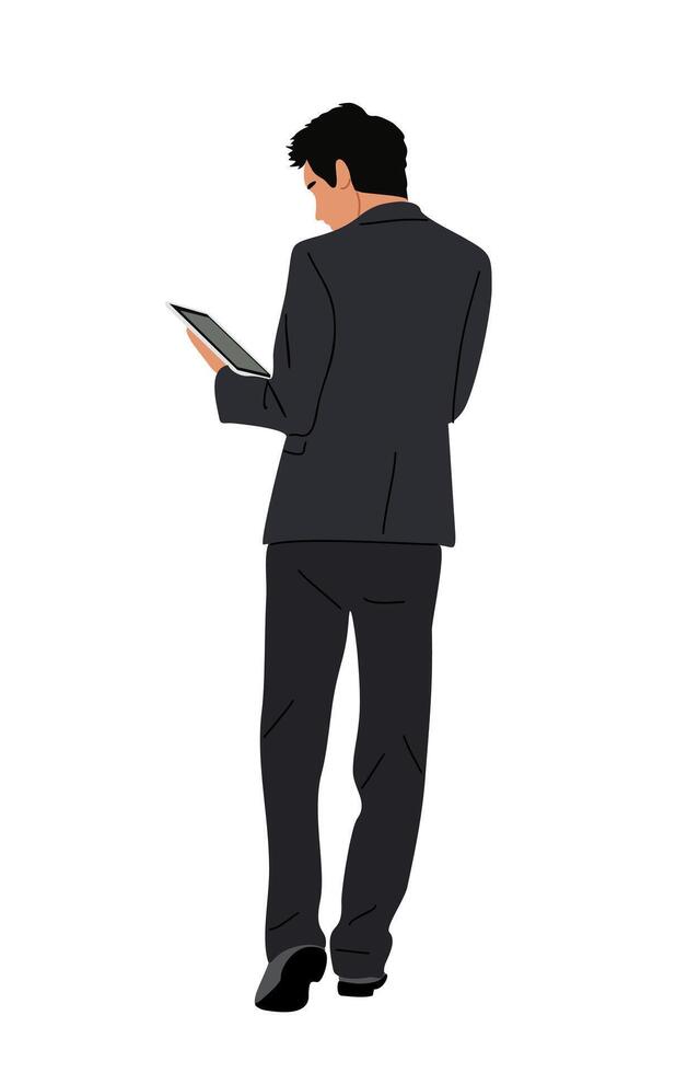 Business man rear view holding digital tablet. vector