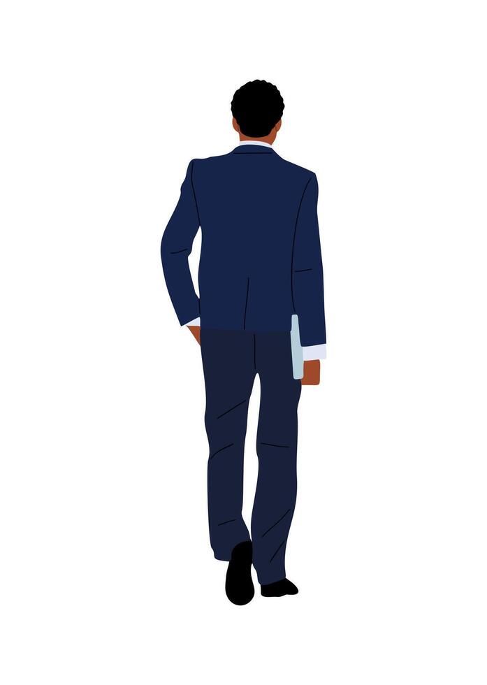 Black business man in suit walking rear view. vector