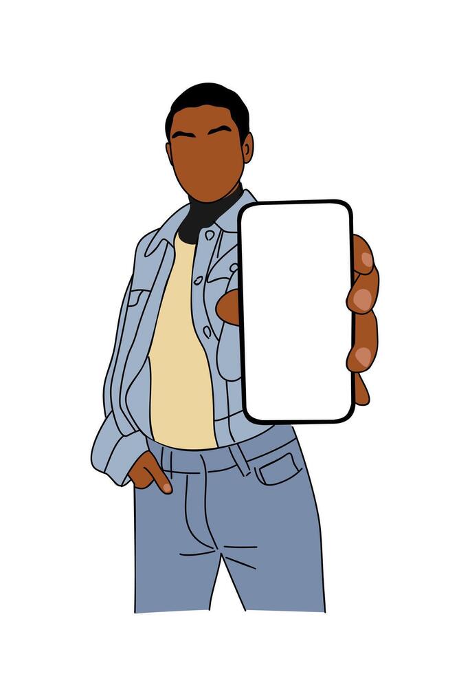 Person showing big smartphone with empty blank screen. Mobile, online offer, promotion. Phone mockup vector