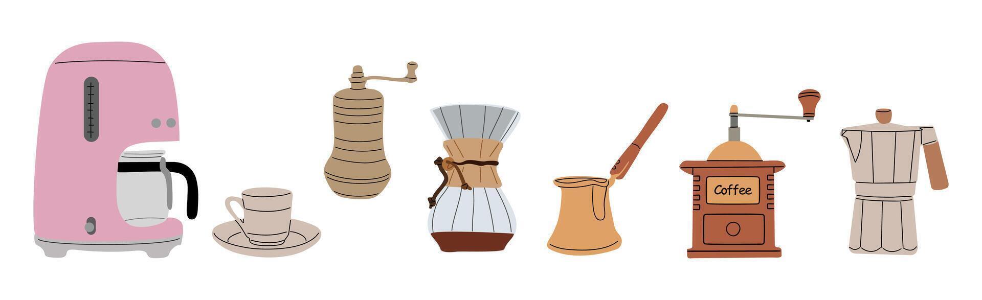 Set of coffee elements, machine, cup, kettle, pot. vector