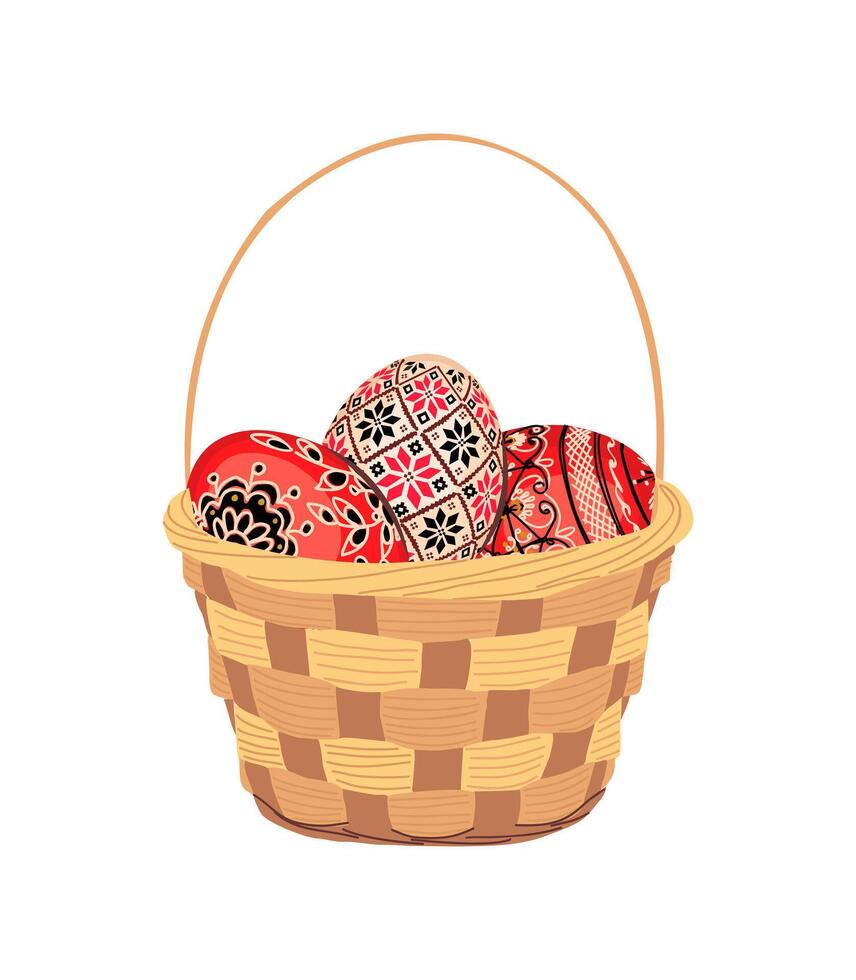 Easter eggs with Ukrainian ornament in basket. vector