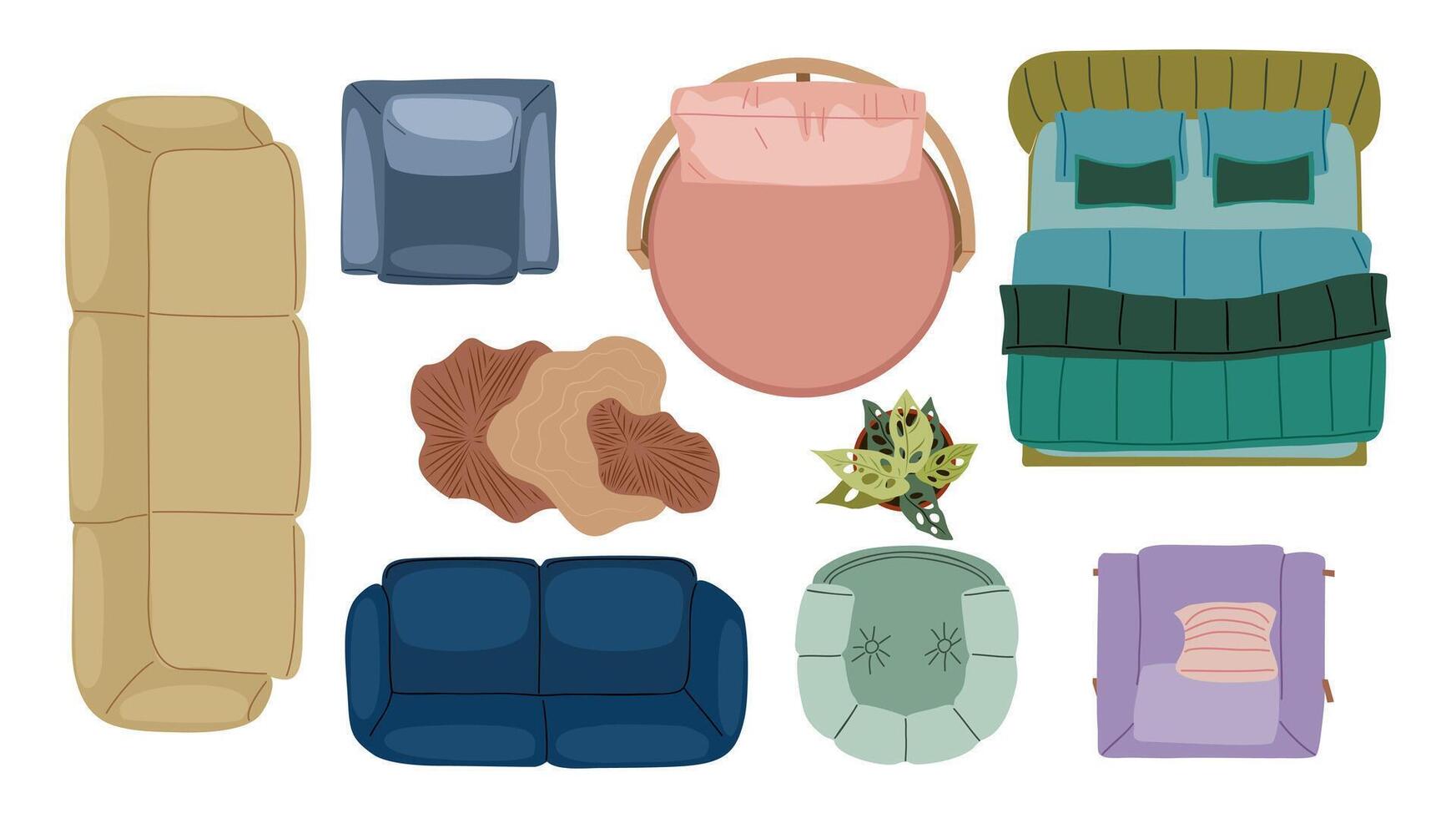 Top view of furniture for interior design plan, apartment project. Sofa, bed, house plants, armchair, tables set for home rooms and offices vector
