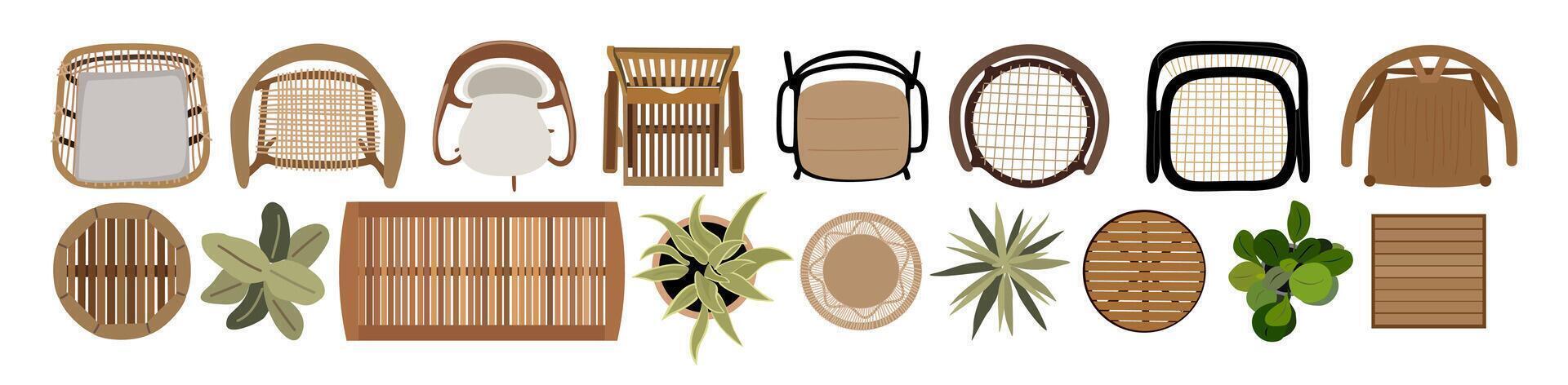 Set of patio furniture top view icons. vector