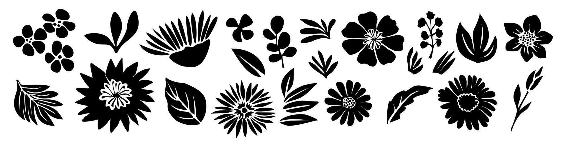 Set of flower and leaves silhouettes. Hand drawn floral design elements, icons, shapes. Wild and garden flowers vector