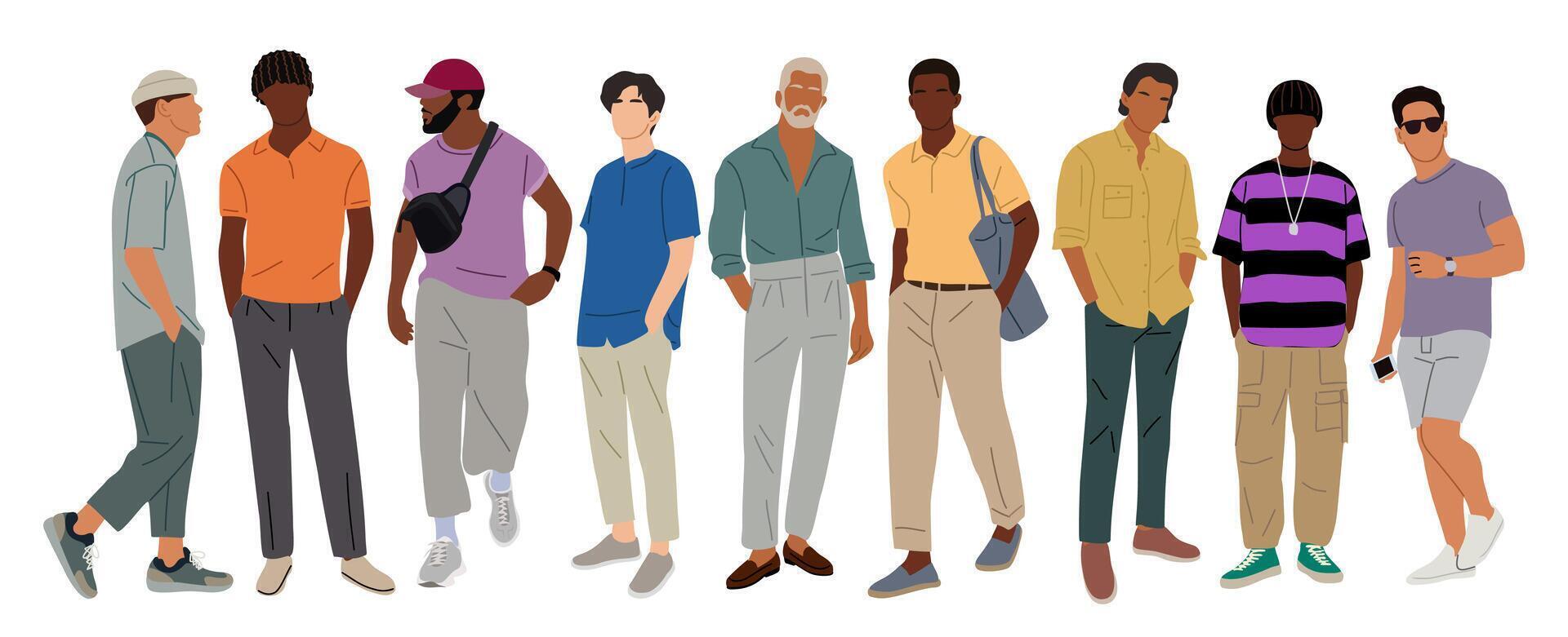 Set of stylish men in summer smart casual clothes. vector
