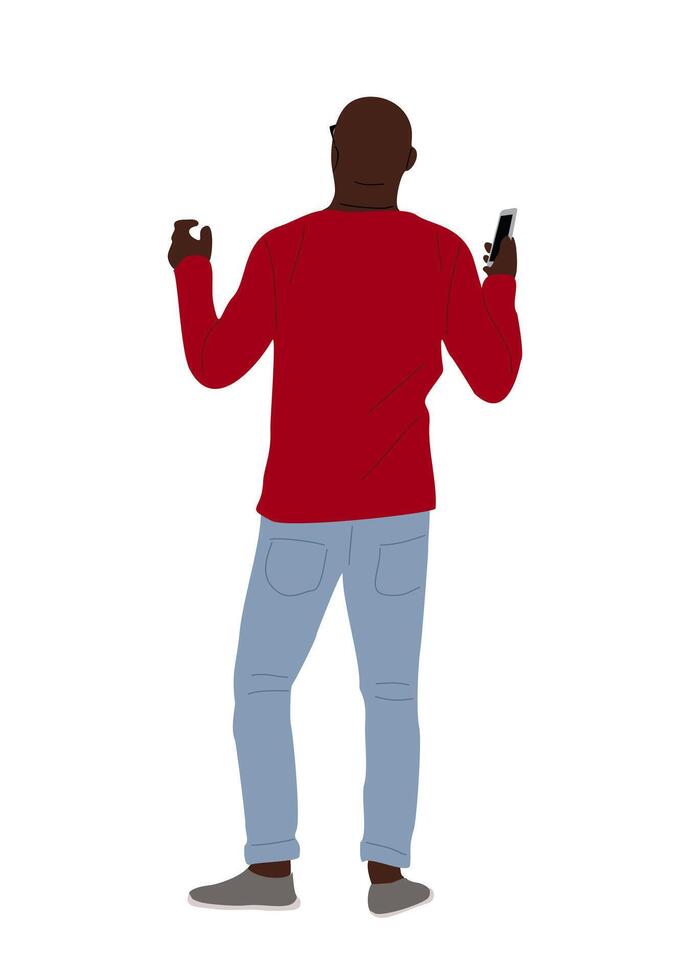 Black man standing rear view with mobile phone. vector