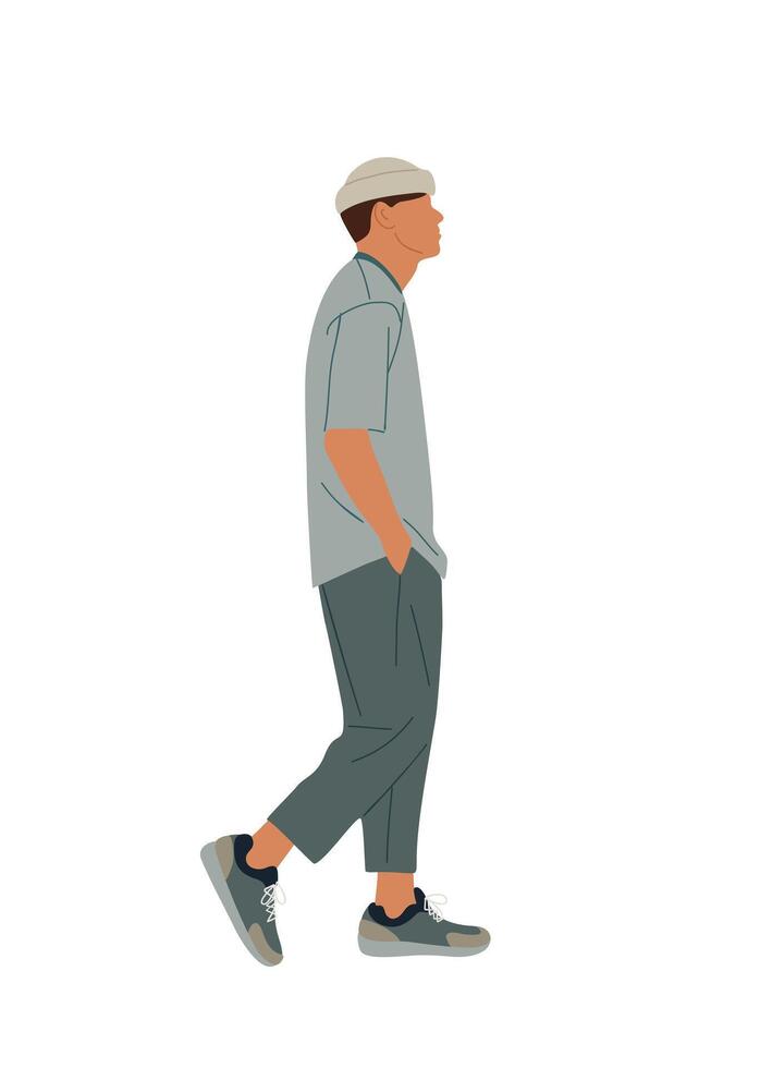 Stylish man in casual outfit walking side view. vector