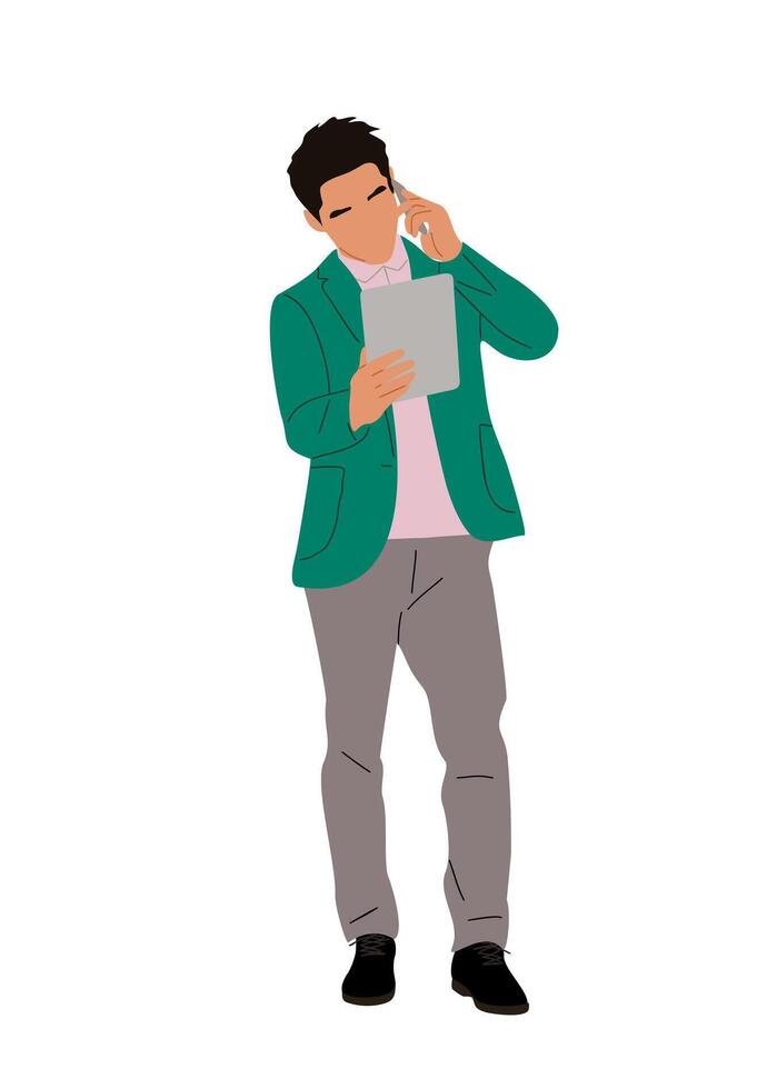 Business man with digital tablet, talking by phone vector