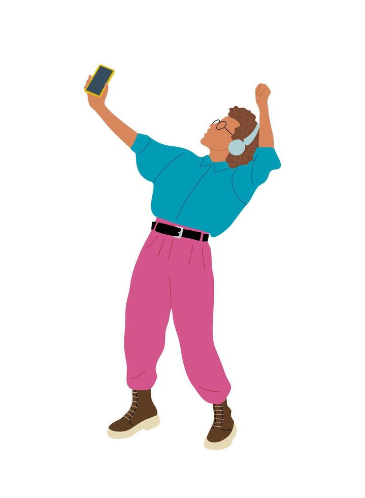 Joyful woman wearing headphones listening to music vector