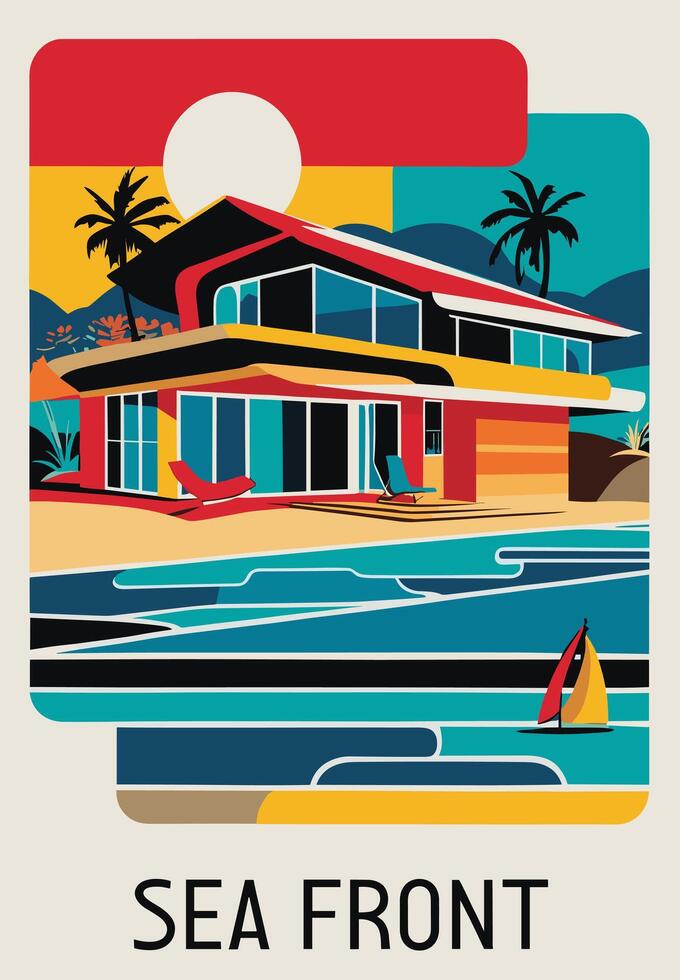 Mid century modern colorful poster with beach villa house and sailboat. vector