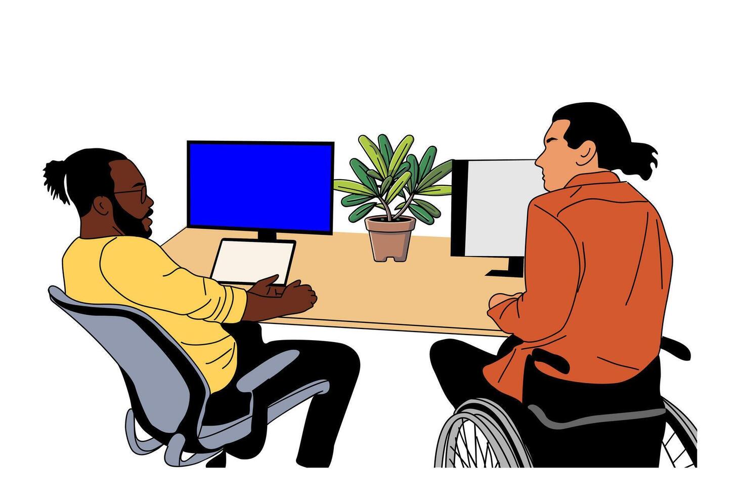 African american and disabled men working together vector
