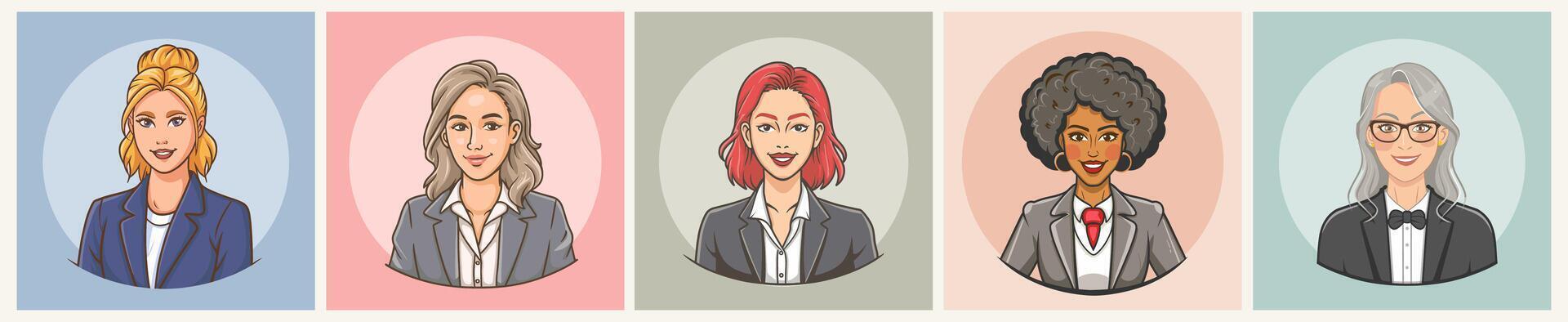 Set of diverse women cartoon avatars. vector
