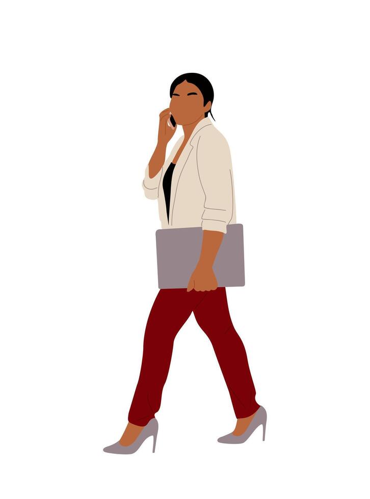 Modern business woman walking with phone side view vector