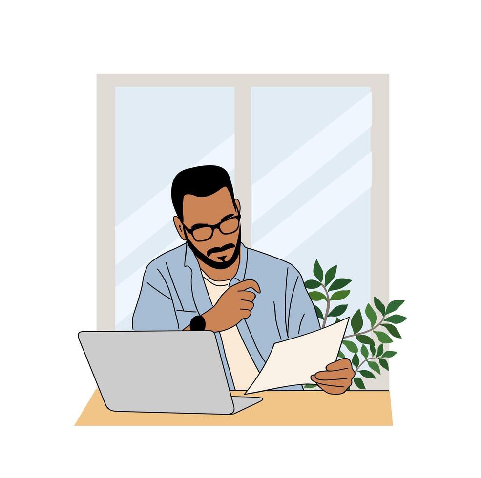 Business man sitting at desk, working on laptop. vector