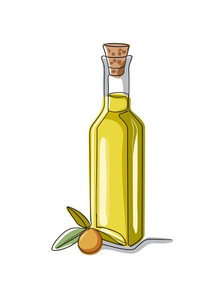 Tall glass Corked bottle with olive oil isolated. vector