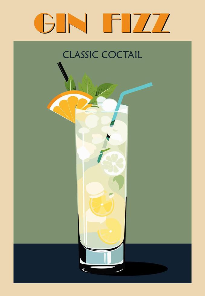 Gin Fizz Cocktail retro poster art. vector