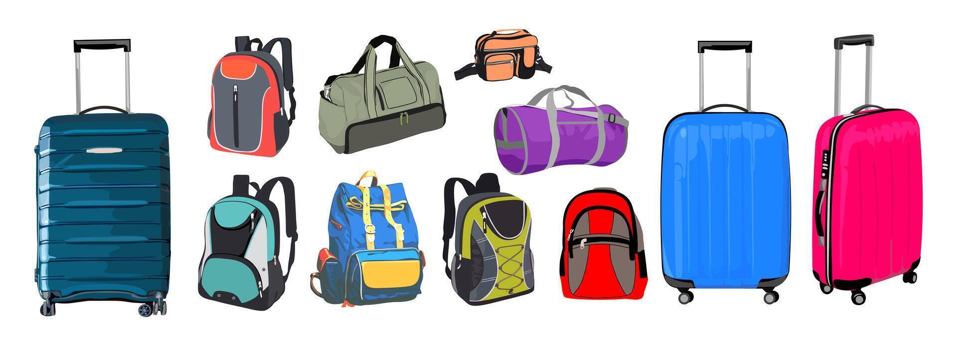 Set of different travel baggage objects. vector