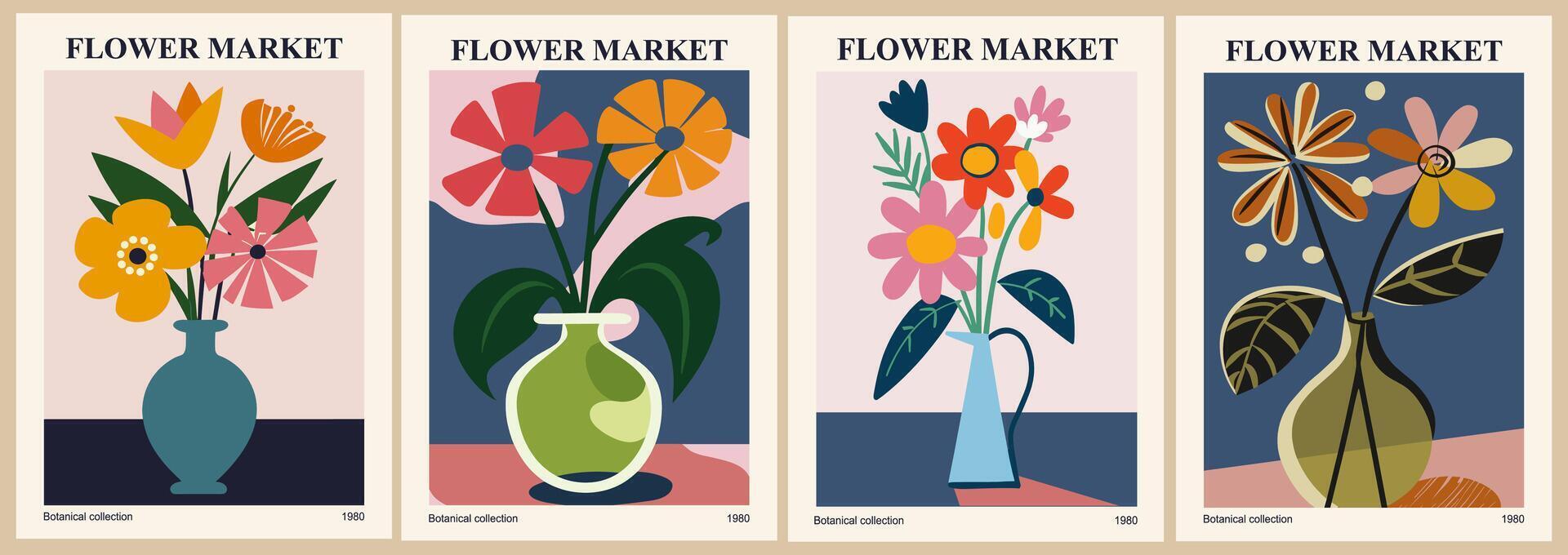 Set of abstract Flower Market art posters. vector