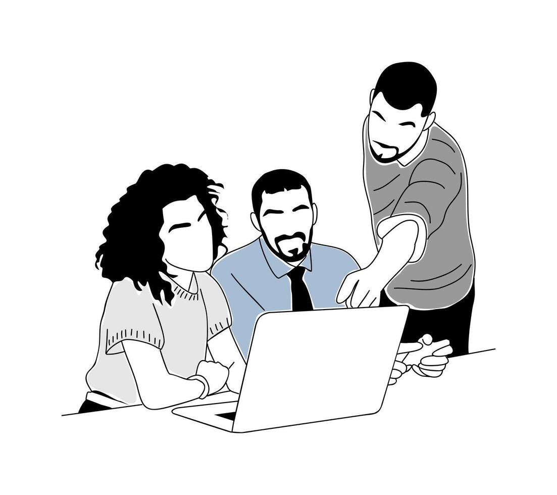 Team work business scene concept line art. vector