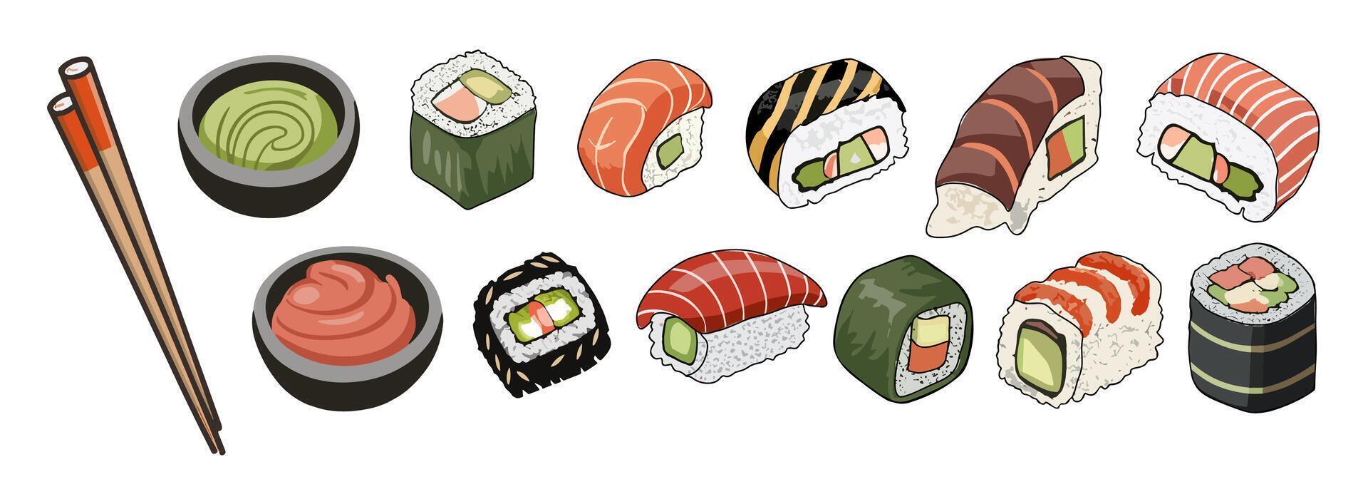 Sushi asian food with fish, rice set. vector